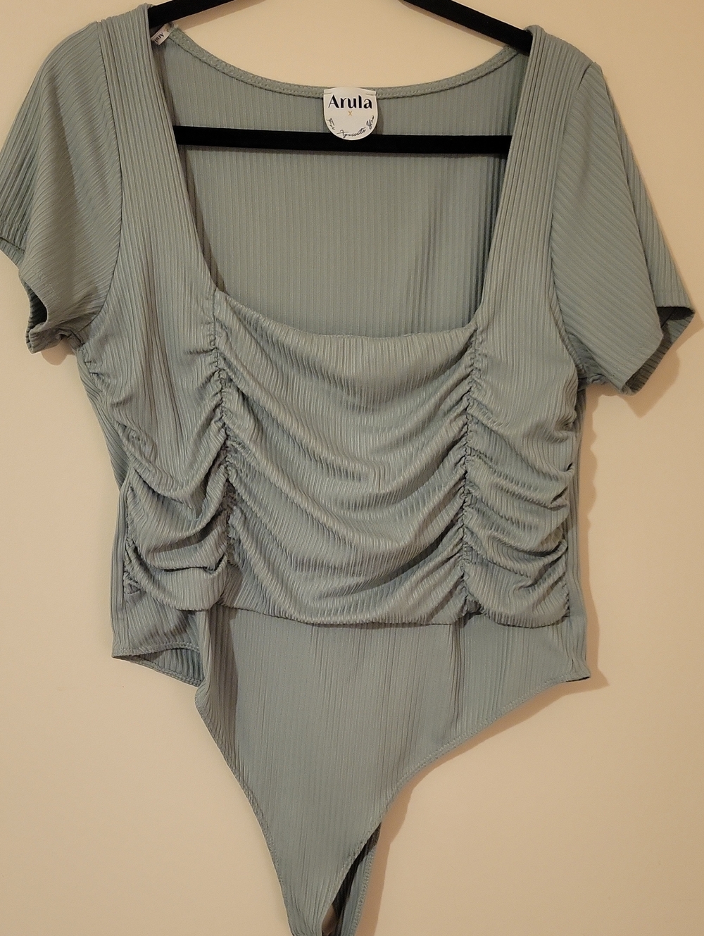 49G ARULA Sage Green Ruched Scoop Neck Ribbed Bodysuit